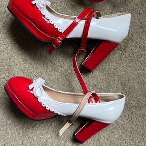 Red and White Women's patent red and white Maryjane shoes pinup rockabilly.